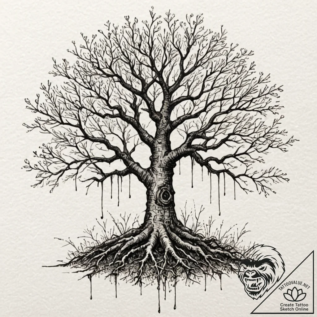 Beech tree with deep, visible roots, ink illu... - tattoo sketch (№1753591903_0, 27.07.2025 04:51) — tattoovalue.net
