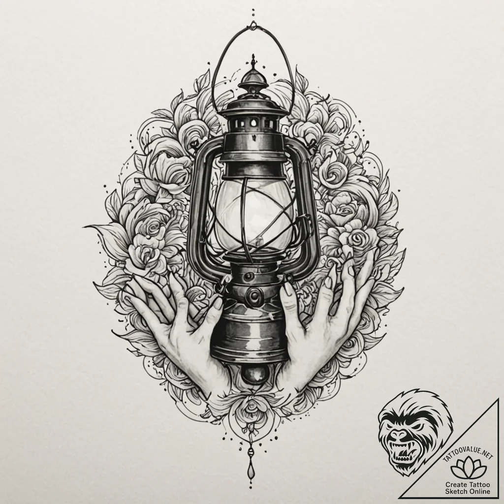 Lantern gripped by spectral hand, concept art... - tattoo sketch (№1753592311_0, 27.07.2025 04:58) — tattoovalue.net