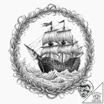 Galleon ship caught in a maelstrom, fighting… – tattoo sketch (№1753592716_0, 27.07.2025 05:05) — tattoovalue.net