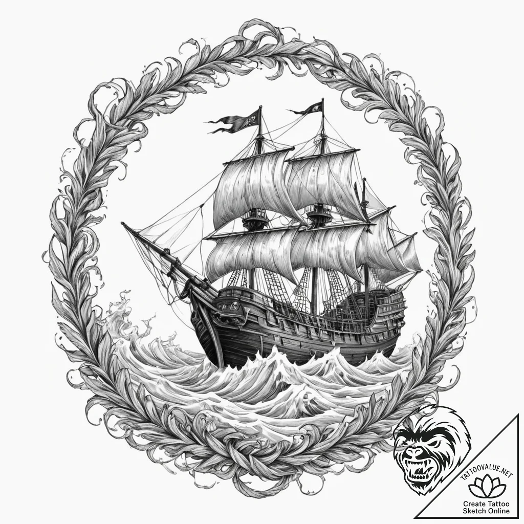 Galleon ship caught in a maelstrom, fighting... - tattoo sketch (№1753592716_0, 27.07.2025 05:05) — tattoovalue.net