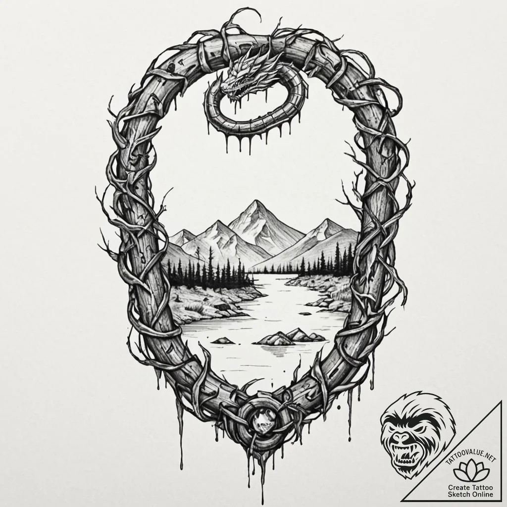 Quartz serpent beneath shattered gate, tattoo... - tattoo sketch (№1753593294_0, 27.07.2025 05:14) — tattoovalue.net