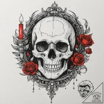 Memento mori: a skull, a watch, and a snuffed… – tattoo sketch (№1753593486_0, 27.07.2025 05:18) — tattoovalue.net
