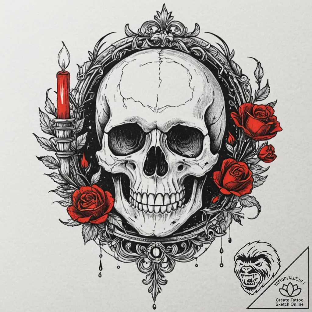 Memento mori: a skull, a watch, and a snuffed... - tattoo sketch (№1753593486_0, 27.07.2025 05:18) — tattoovalue.net