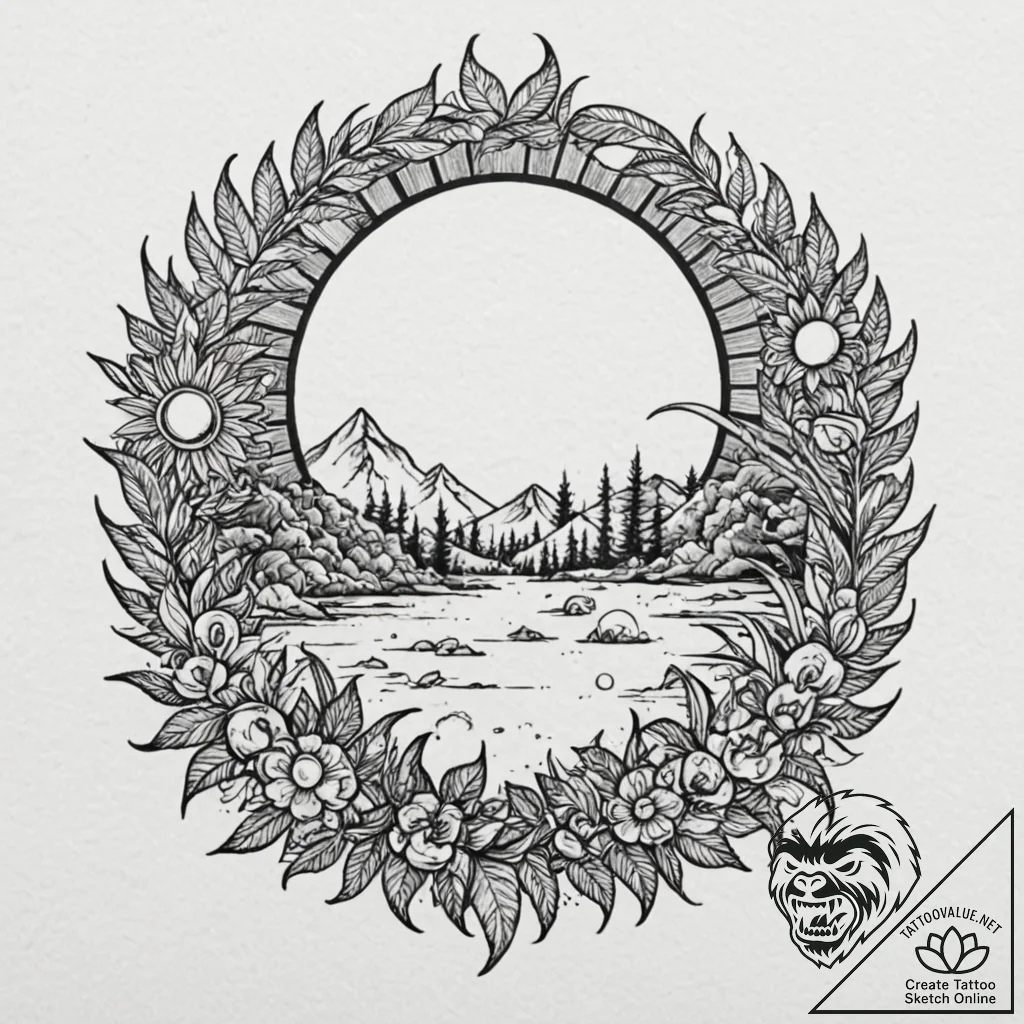 Jungle relic beneath eclipsed sun, tattoo ske... - tattoo sketch (№1753593680_0, 27.07.2025 05:21) — tattoovalue.net