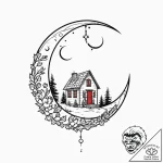 Tiny house perched on the edge of a crescent… – tattoo sketch (№1753595607_0, 27.07.2025 05:53) — tattoovalue.net