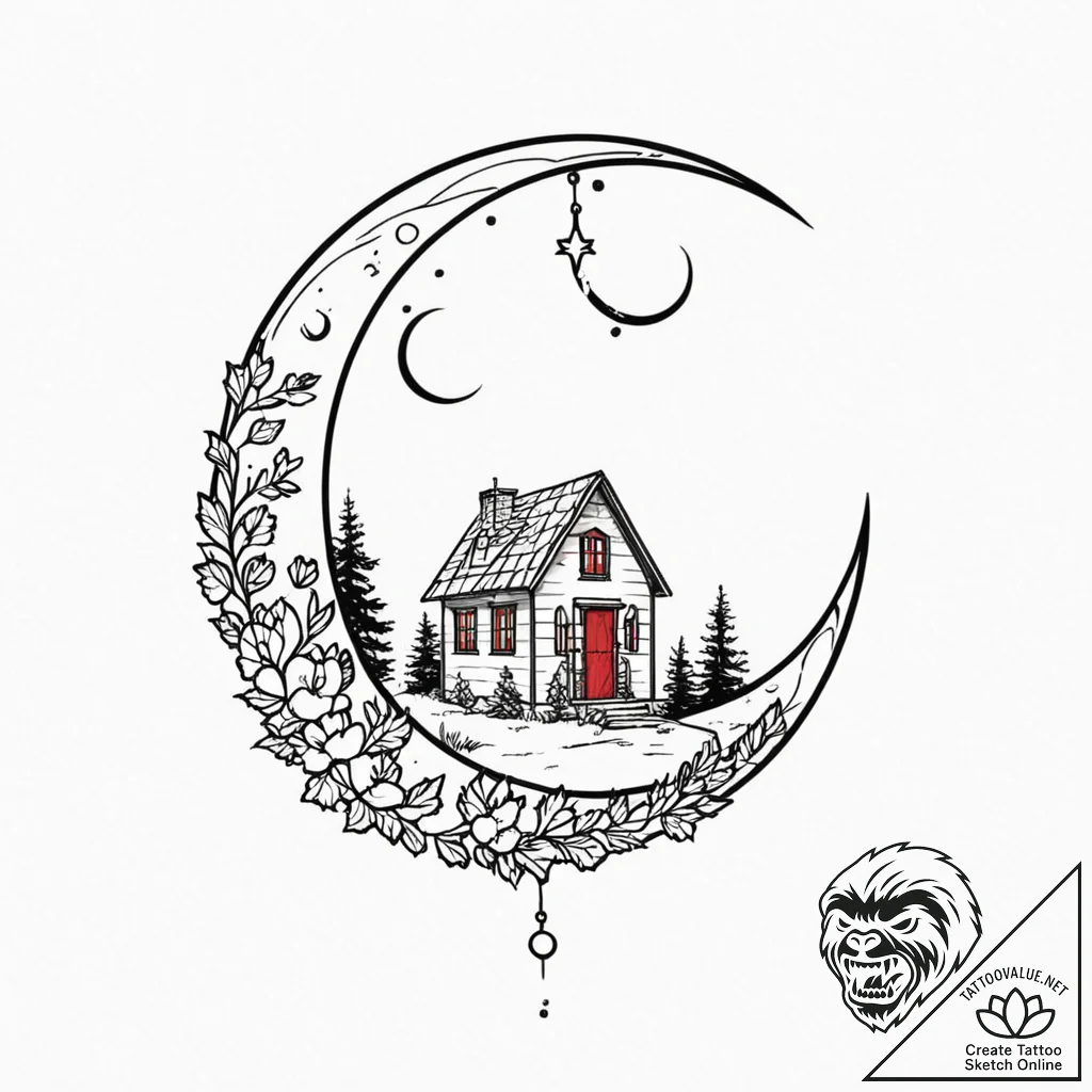 Tiny house perched on the edge of a crescent... - tattoo sketch (№1753595607_0, 27.07.2025 05:53) — tattoovalue.net