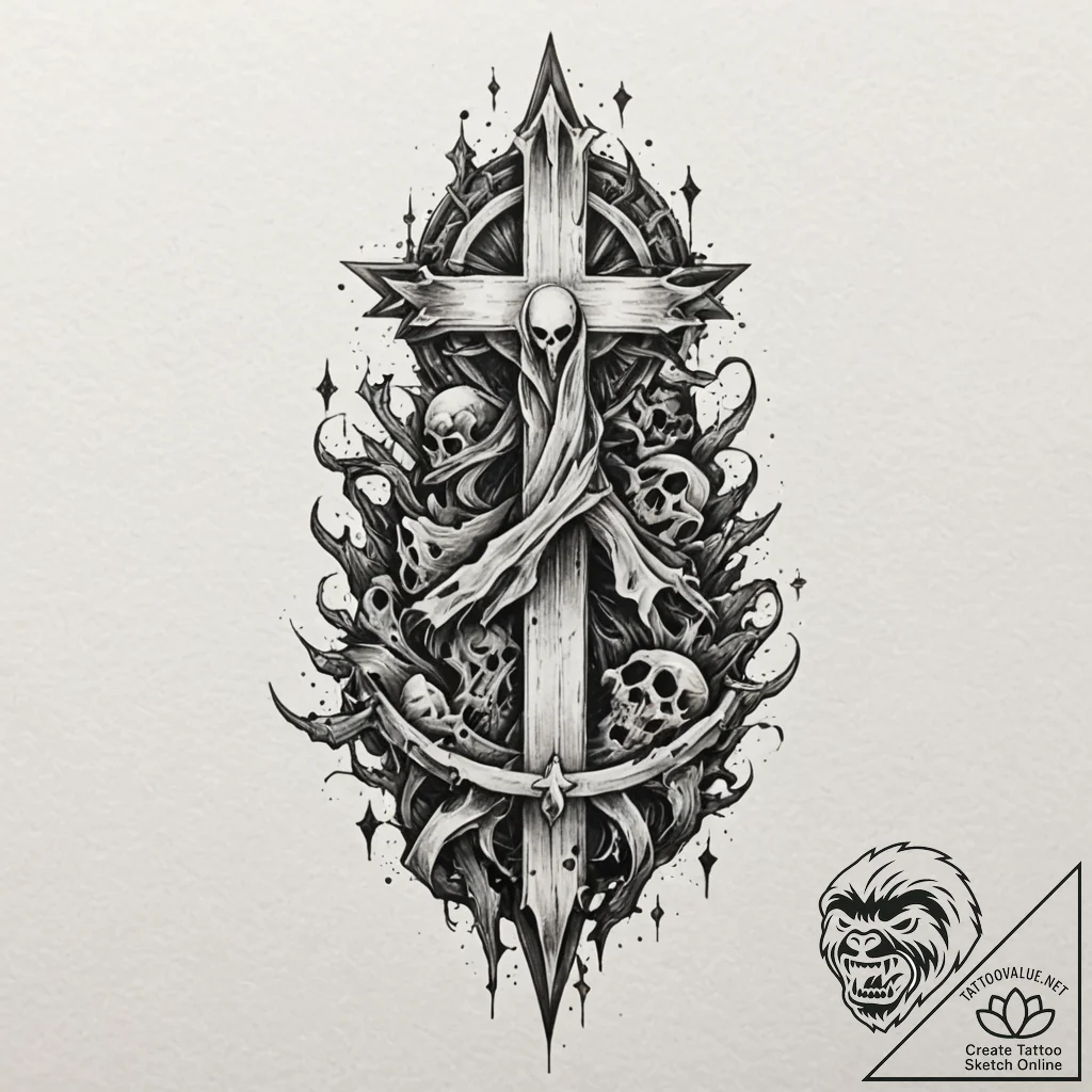 Ghost relic through shattered spire, tattoo f... - tattoo sketch (№1753595805_0, 27.07.2025 05:56) — tattoovalue.net
