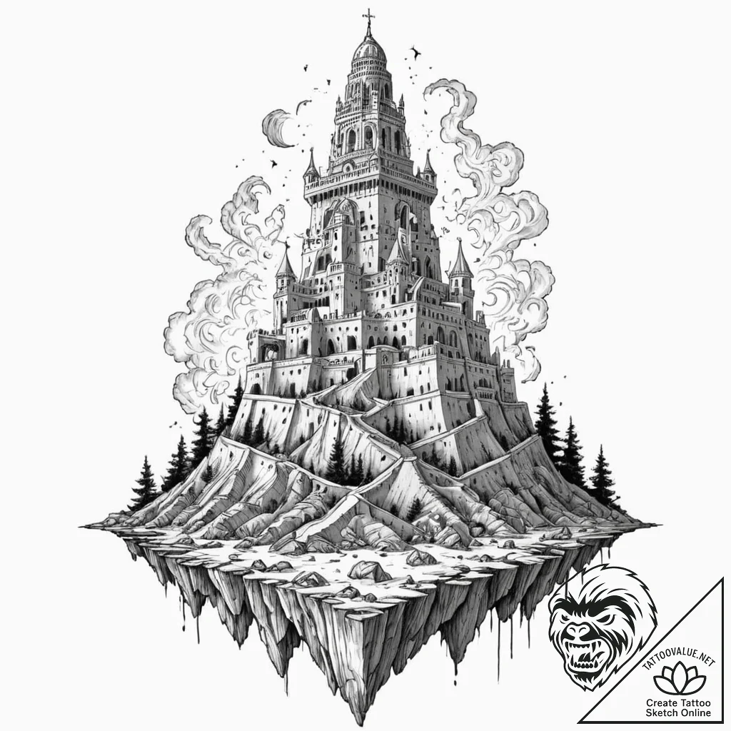 Tower of babel, unfinished and crumbling, con... - tattoo sketch (№1753599563_0, 27.07.2025 06:59) — tattoovalue.net
