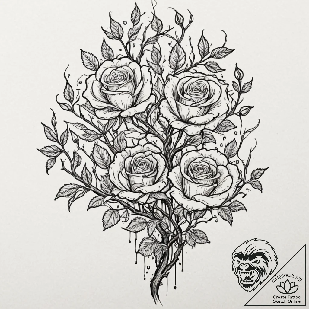 Burning roses entwining skeletal tree, ink il... - tattoo sketch (№1753599760_0, 27.07.2025 07:02) — tattoovalue.net