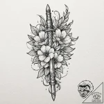 Kris dagger entwined with blossoms, artistic… – tattoo sketch (№1753600753_0, 27.07.2025 07:19) — tattoovalue.net