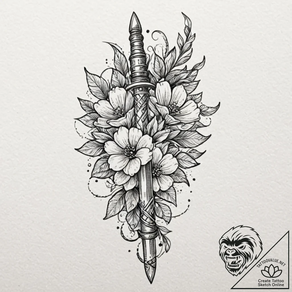 Kris dagger entwined with blossoms, artistic... - tattoo sketch (№1753600753_0, 27.07.2025 07:19) — tattoovalue.net
