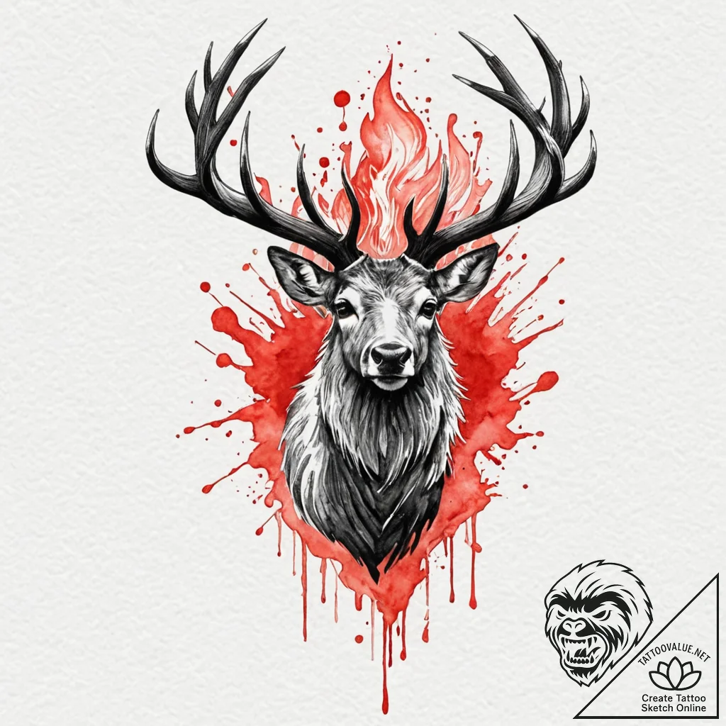 Atomic stag surrounded by glitch fire, artist... - tattoo sketch (№1753601546_0, 27.07.2025 07:32) — tattoovalue.net