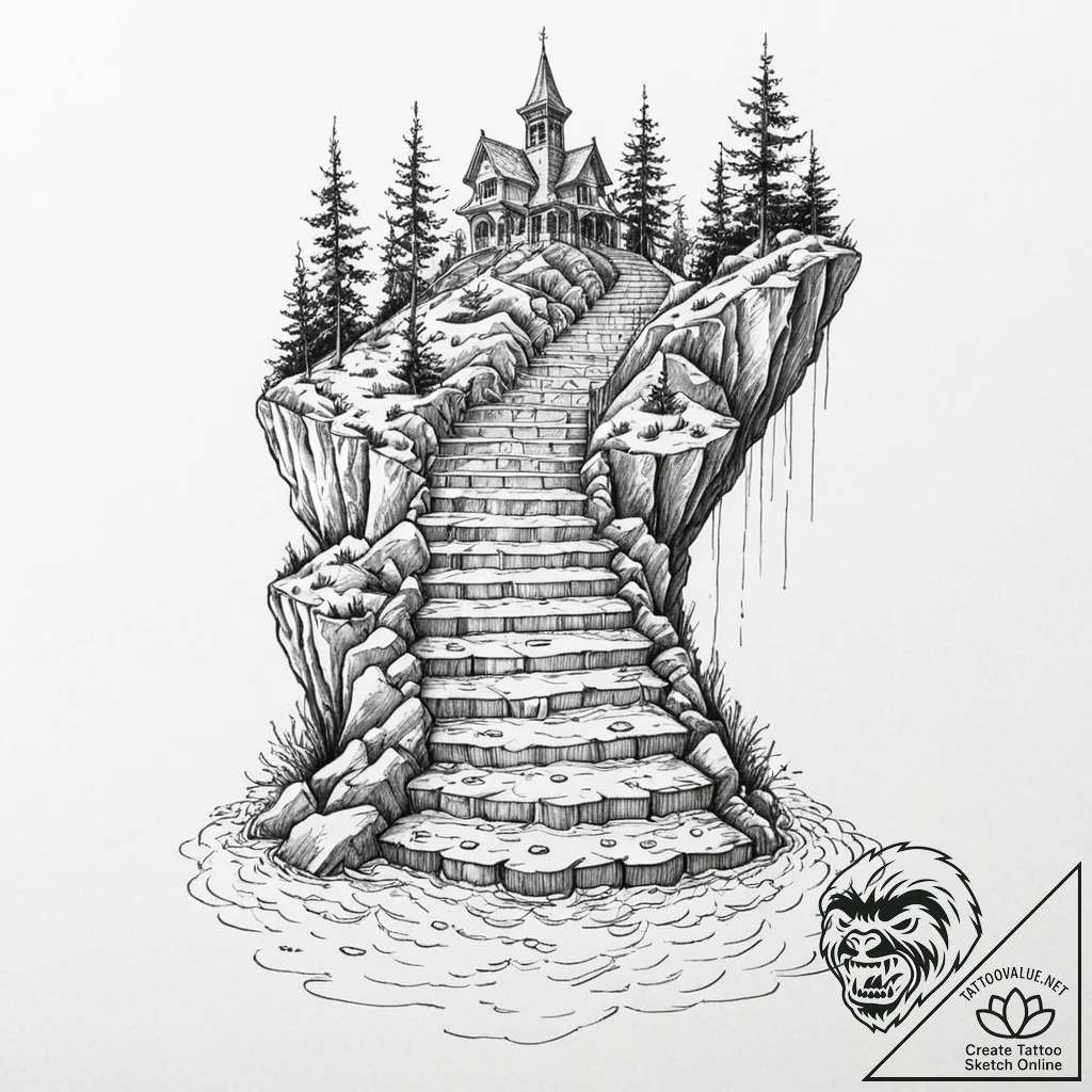 Stairway leading to a submerged city - tattoo sketch (№1753602537_0, 27.07.2025 07:48) — tattoovalue.net