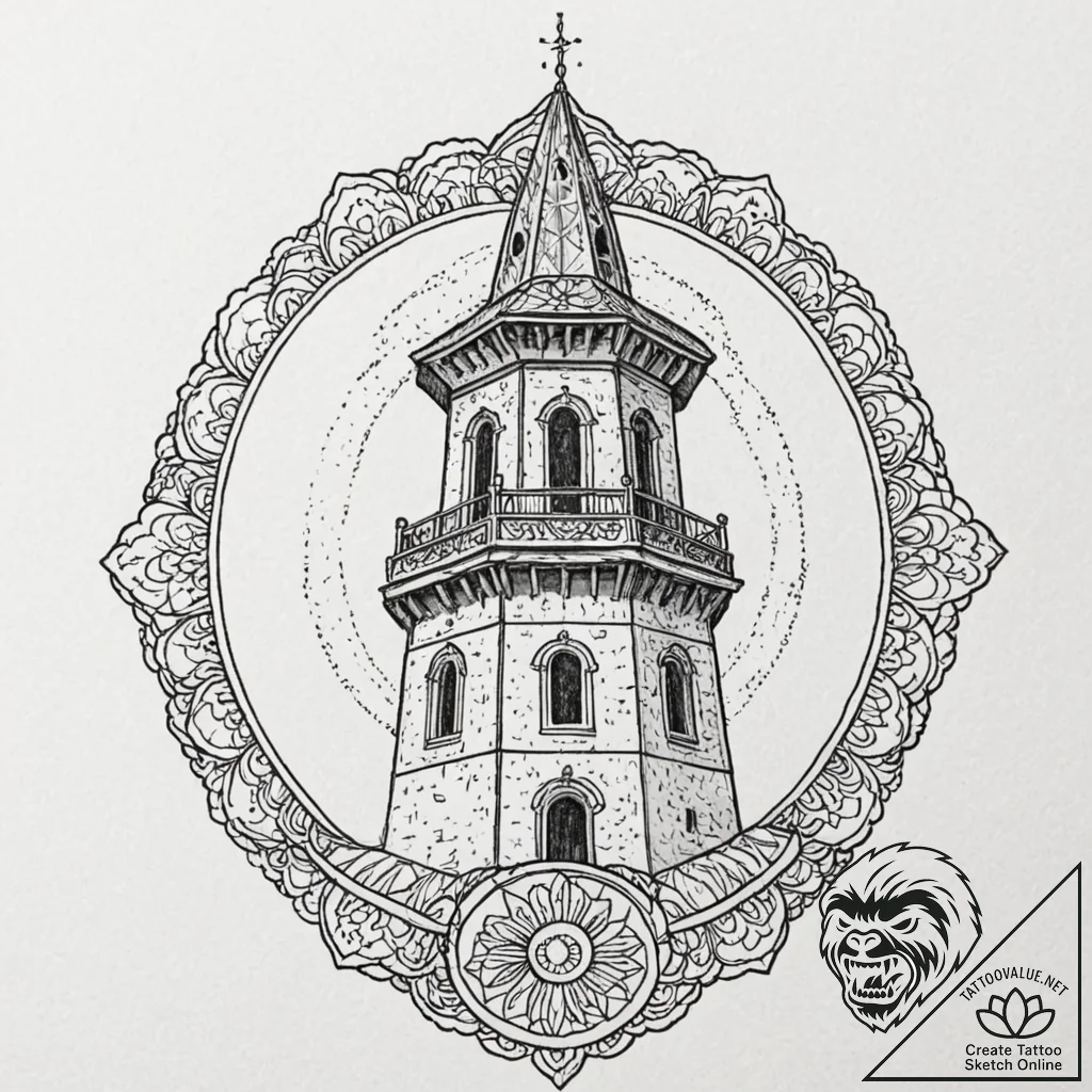 A classic bell tower against a sky, architect... - tattoo sketch (№1753602734_0, 27.07.2025 07:52) — tattoovalue.net