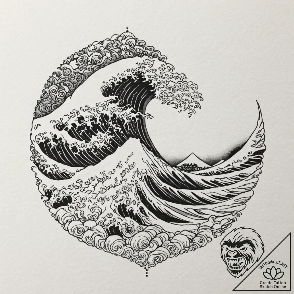 Tsunami wave in the style of hokusai, tattoo... - tattoo sketch (№1753602932_0, 27.07.2025 07:55) — tattoovalue.net