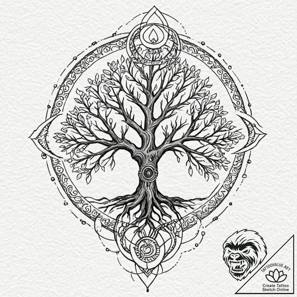 Yggdrasil (tree of life), tattoo drawing outl... - tattoo sketch (№1753603330_0, 27.07.2025 08:02) — tattoovalue.net