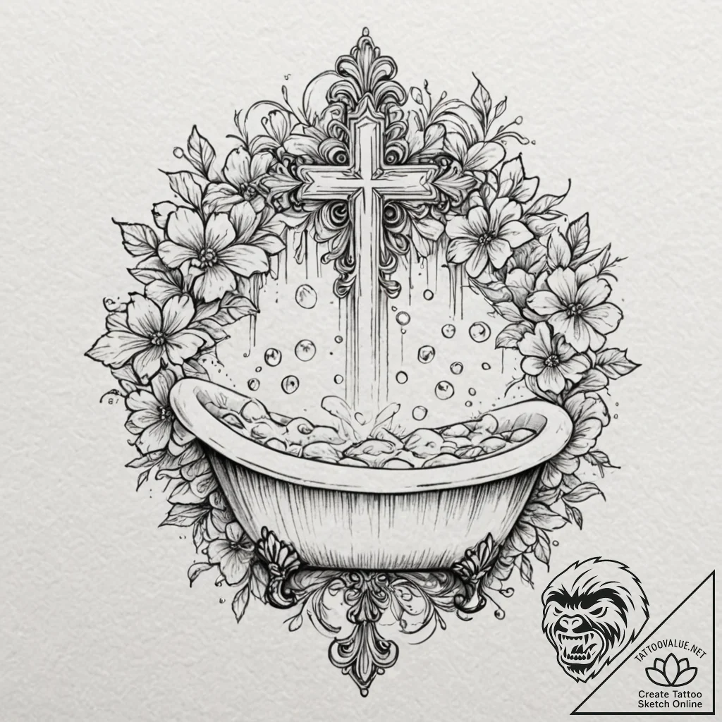 A whimsical bubble bath with flower petals, l... - tattoo sketch (№1753604319_0, 27.07.2025 08:18) — tattoovalue.net