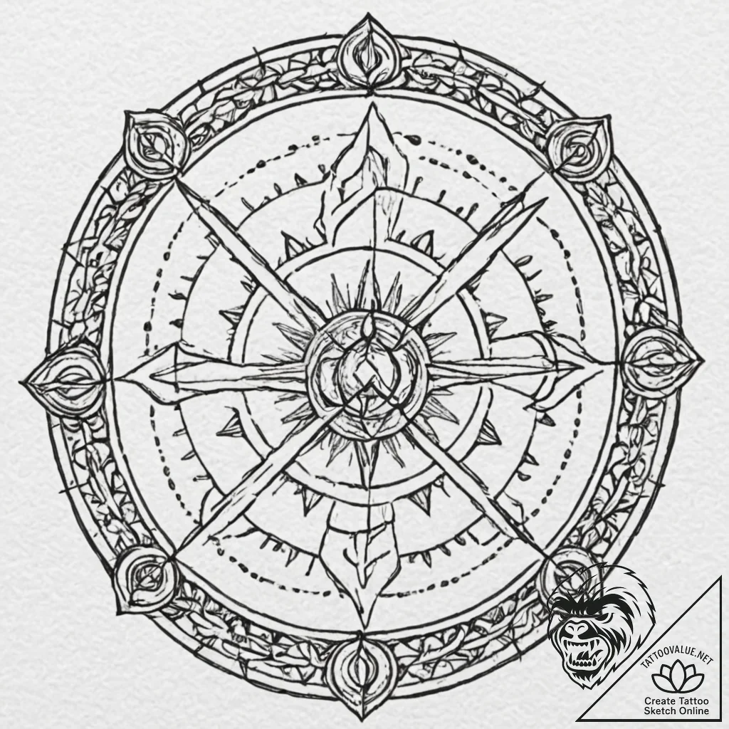 Burning circle with ancient sigils, concept a... - tattoo sketch (№1753604913_0, 27.07.2025 08:28) — tattoovalue.net