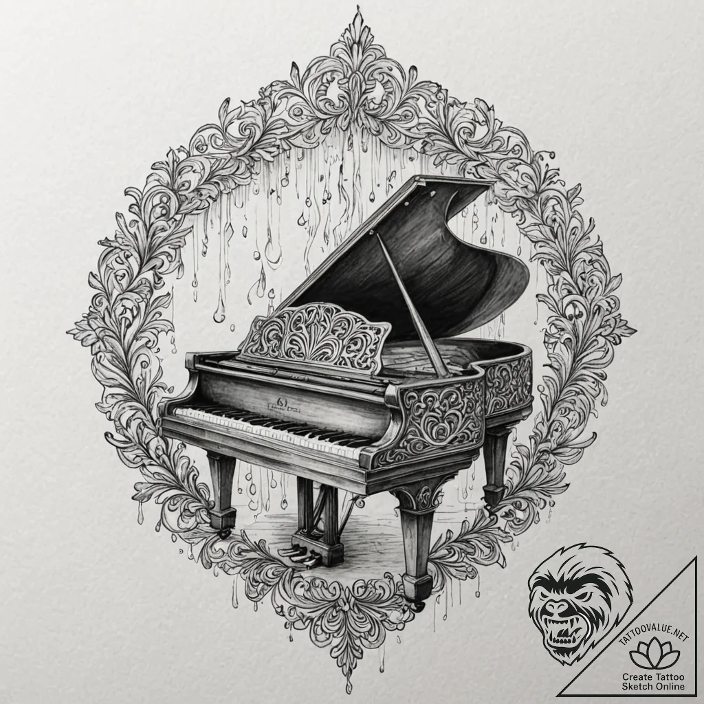 A grand piano with its keys turning into a wa... - tattoo sketch (№1753606499_0, 27.07.2025 08:54) — tattoovalue.net