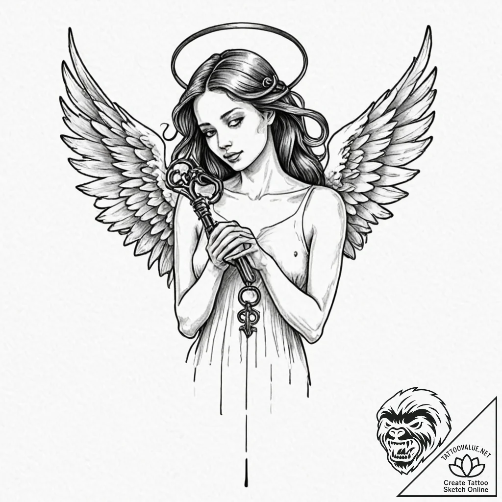 Angel raven holding key, concept art for tatt... - tattoo sketch (№1753607092_0, 27.07.2025 09:04) — tattoovalue.net
