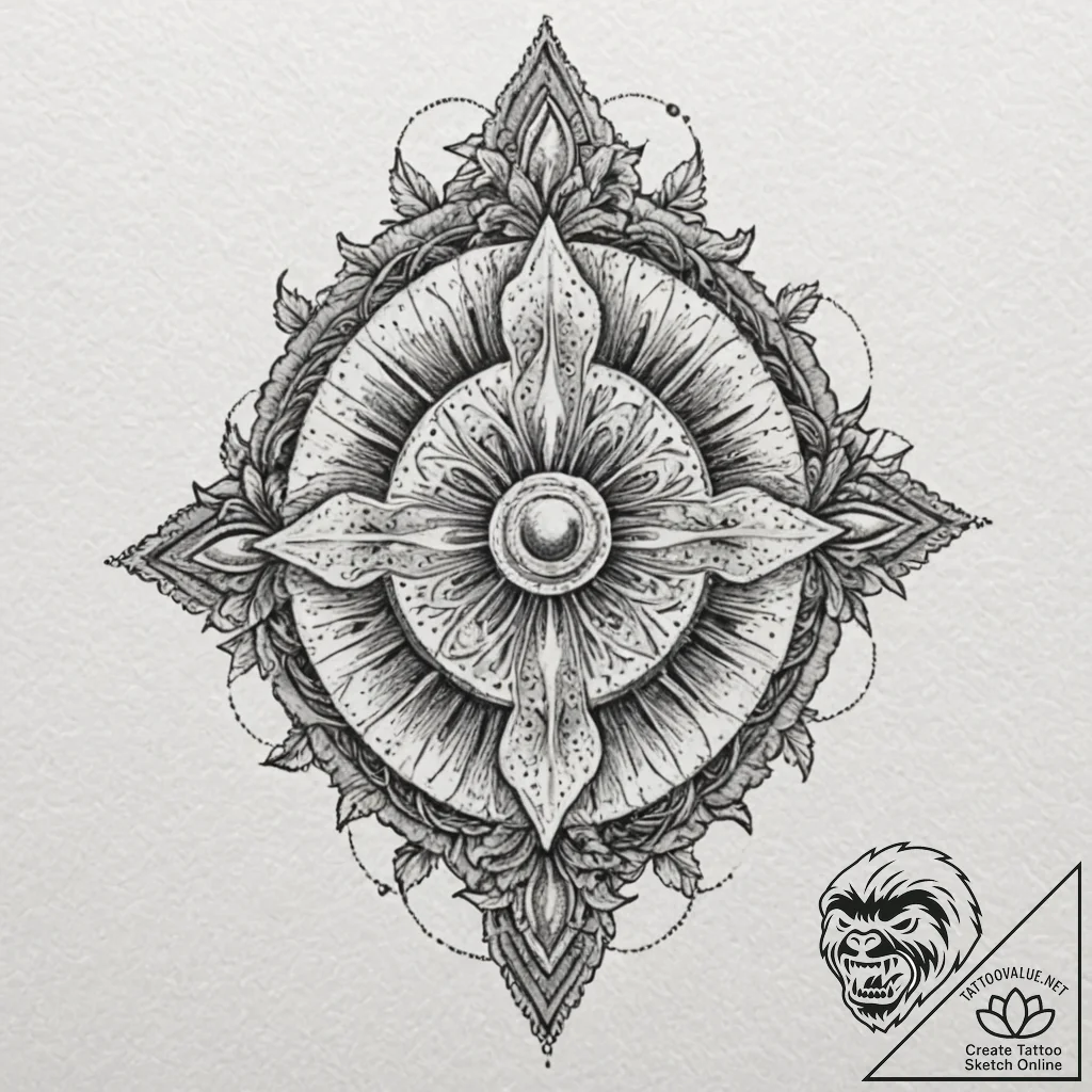 Thorned shield beneath spectral bloom, artist... - tattoo sketch (№1753607289_0, 27.07.2025 09:08) — tattoovalue.net