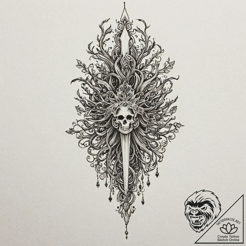 Ghost dagger crowned with roots, artistic tat... - tattoo sketch (№1753607488_0, 27.07.2025 09:11) — tattoovalue.net