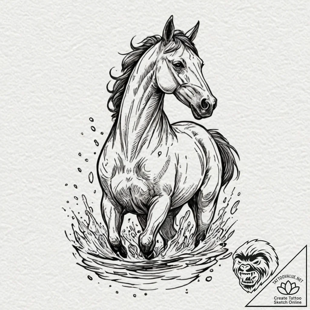 Kelpie horse emerging from water, tattoo flas... - tattoo sketch (№1753608280_0, 27.07.2025 09:24) — tattoovalue.net