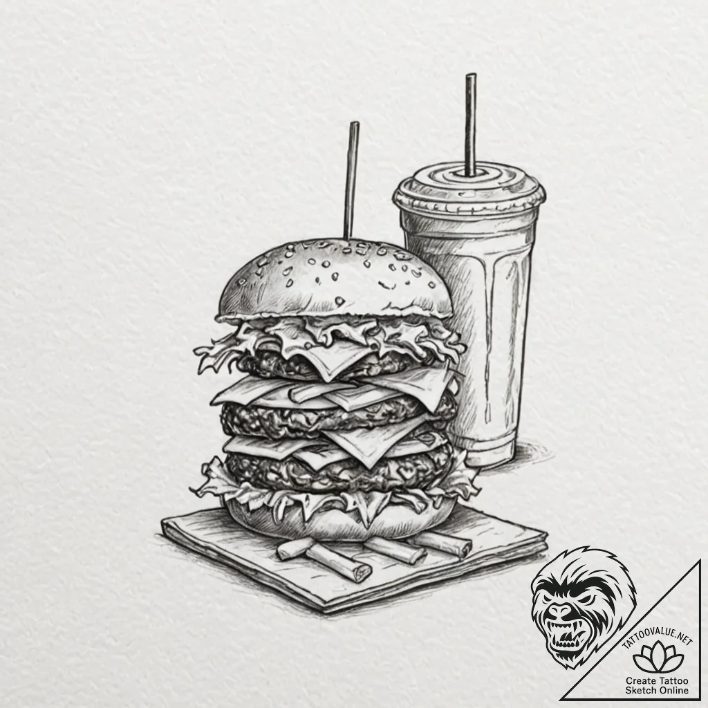A quirky burger with fries and a milkshake, m... - tattoo sketch (№1753609861_0, 27.07.2025 09:51) — tattoovalue.net