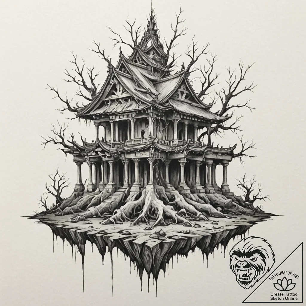 Bone roots beneath shattered temple, concept... - tattoo sketch (№1753610255_0, 27.07.2025 09:57) — tattoovalue.net