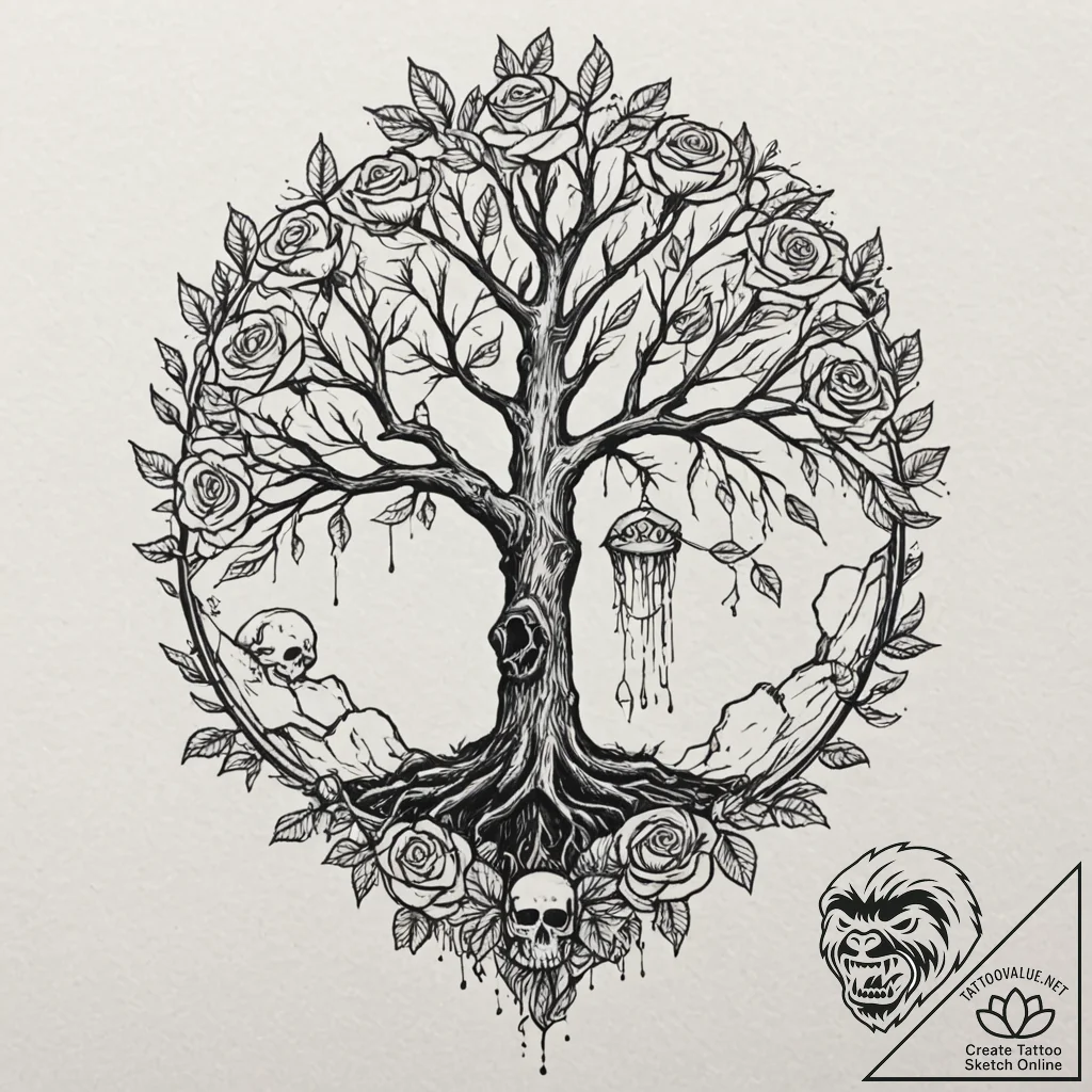 An ancient tree with glowing roots and leaves... - tattoo sketch (№1753611643_0, 27.07.2025 10:20) — tattoovalue.net