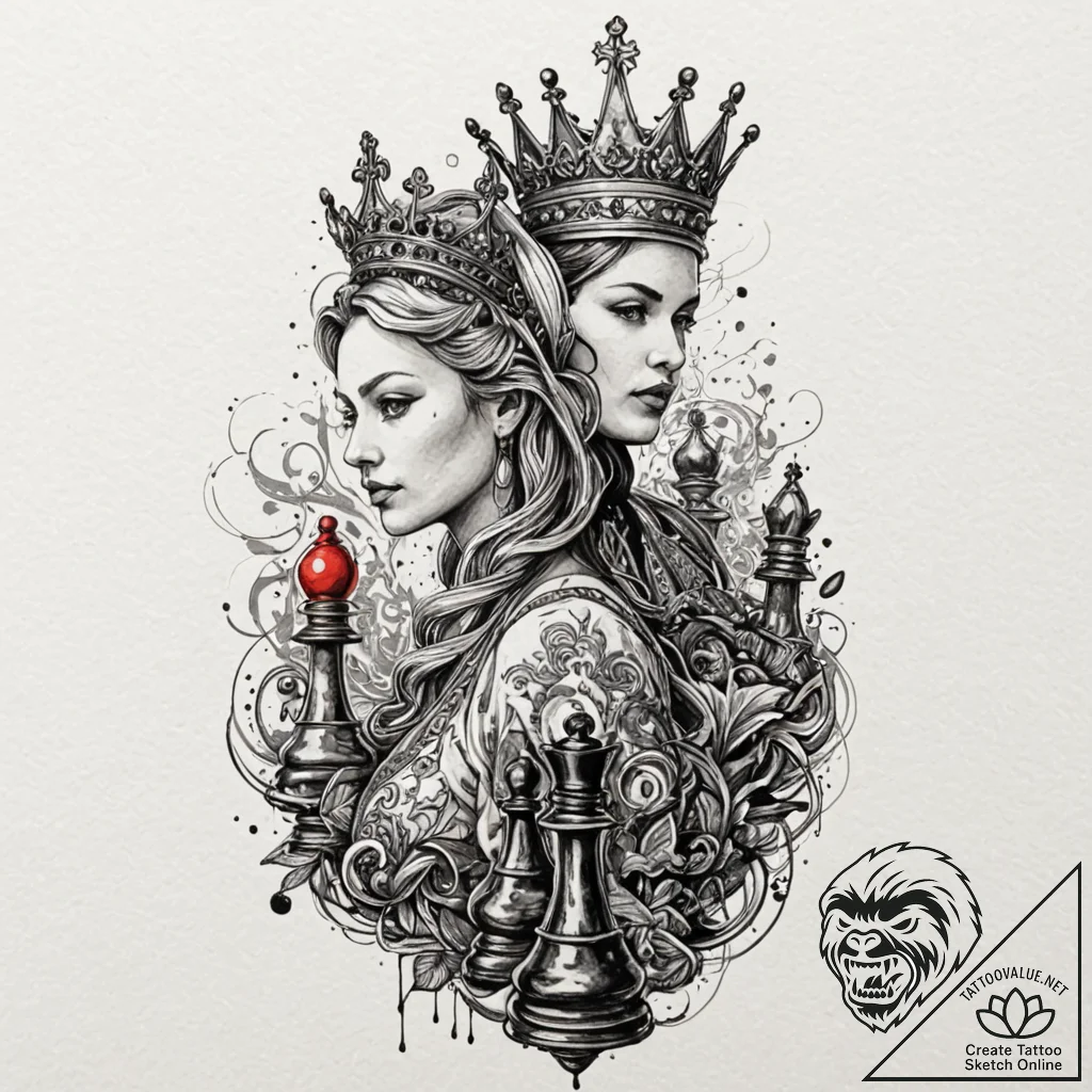 Queen chess piece, powerful and strategic, co... - tattoo sketch (№1753612240_0, 27.07.2025 10:30) — tattoovalue.net