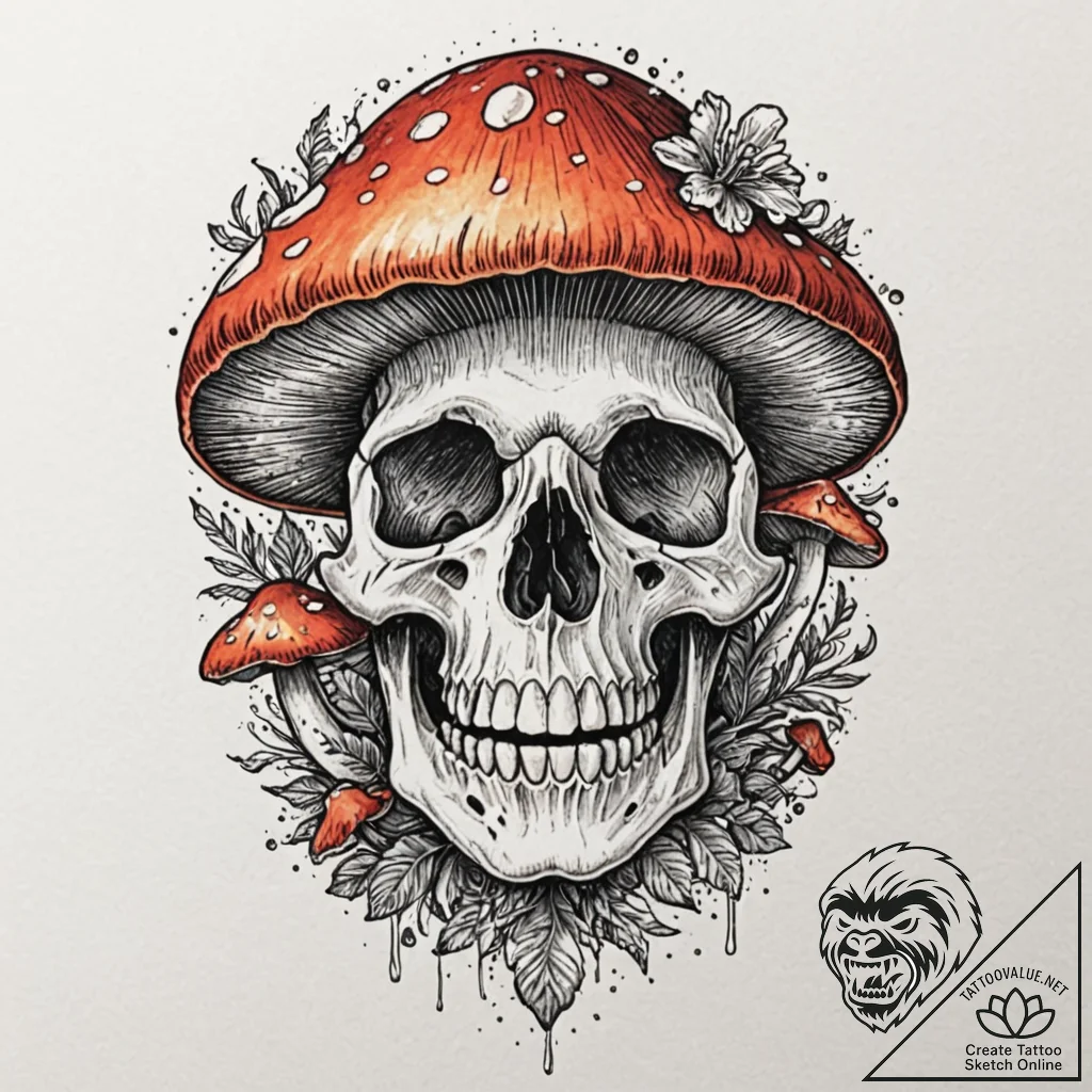 Mushroom blooming from skull, artistic tattoo... - tattoo sketch (№1753612440_0, 27.07.2025 10:34) — tattoovalue.net