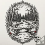 Ruined bridge over spectral river, tattoo fla… – tattoo sketch (№1753613628_0, 27.07.2025 10:53) — tattoovalue.net