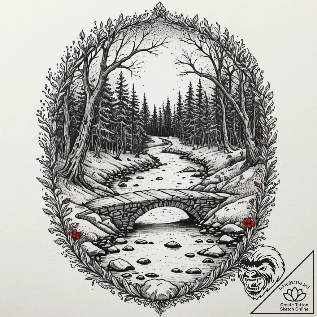 Ruined bridge over spectral river, tattoo fla... - tattoo sketch (№1753613628_0, 27.07.2025 10:53) — tattoovalue.net