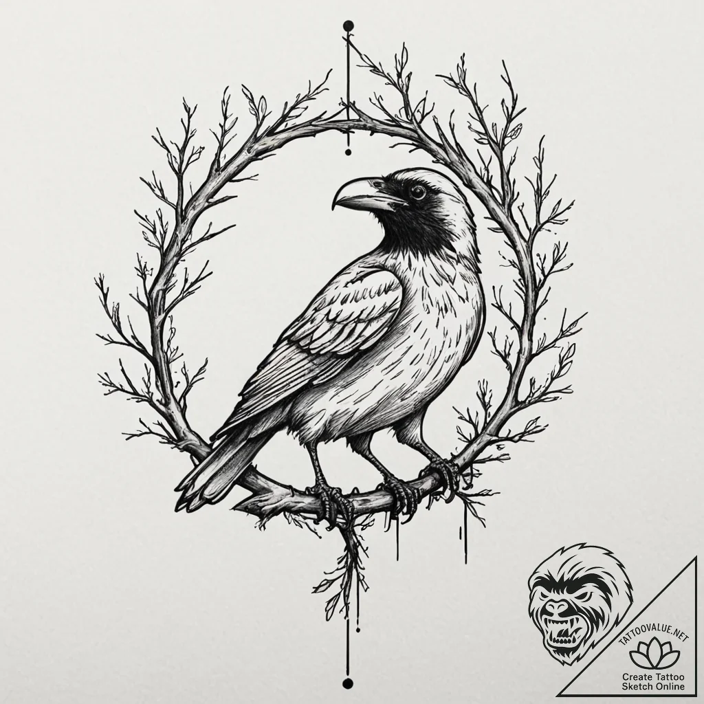 Three-eyed raven perched on a branch, tattoo... - tattoo sketch (№1753614027_0, 27.07.2025 11:00) — tattoovalue.net