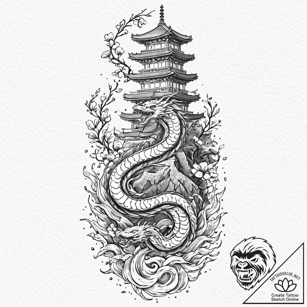 Arcane serpent climbing ancient tower, tattoo... - tattoo sketch (№1753616995_0, 27.07.2025 11:49) — tattoovalue.net