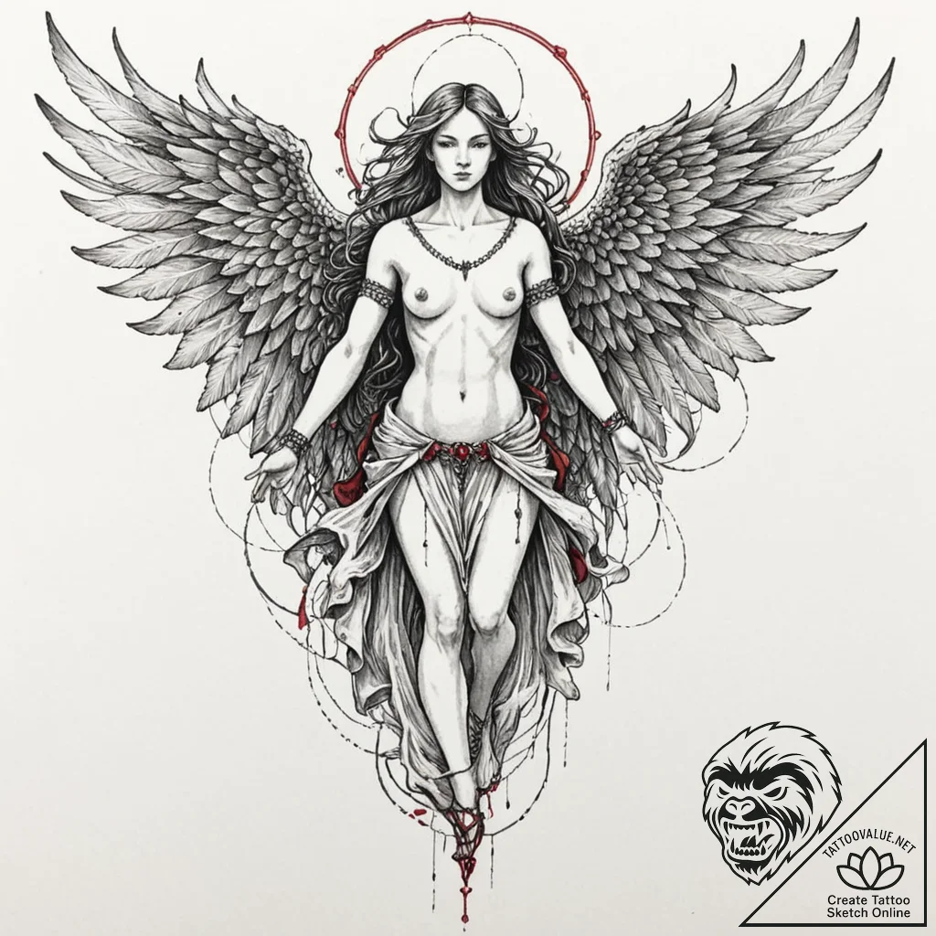 Abyssal angel with torn robes, artistic tatto... - tattoo sketch (№1753617395_0, 27.07.2025 11:56) — tattoovalue.net