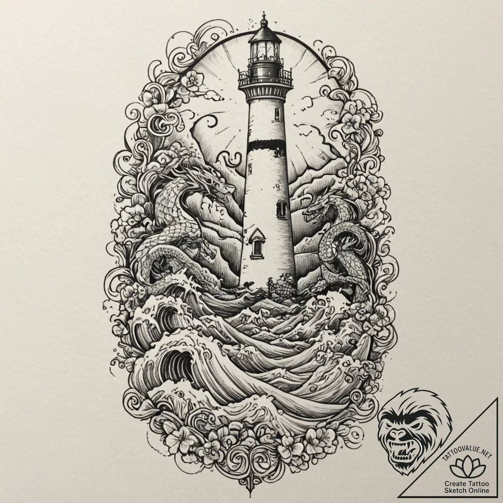 Kraken circling lighthouse in storm, tattoo f... - tattoo sketch (№1753617791_0, 27.07.2025 12:03) — tattoovalue.net