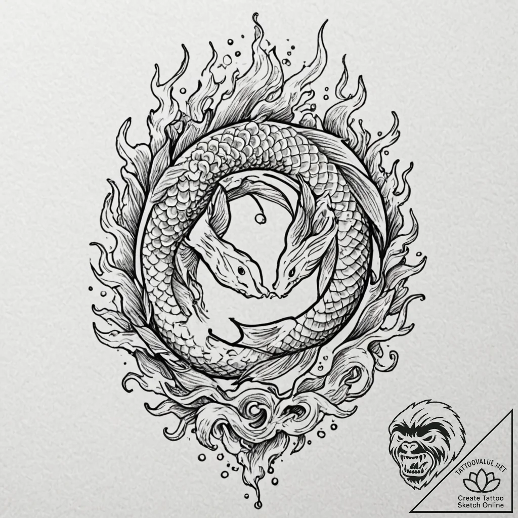 Koi fish swimming through flames, tattoo draw... - tattoo sketch (№1753618579_0, 27.07.2025 12:16) — tattoovalue.net