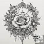 Fallen rose beneath fractured gate, ink illus… – tattoo sketch (№1753619373_0, 27.07.2025 12:29) — tattoovalue.net