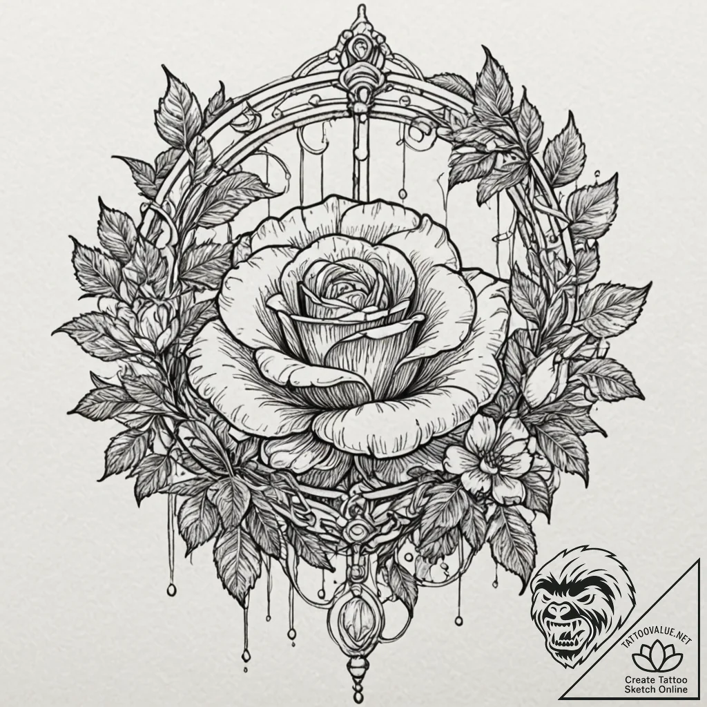 Fallen rose beneath fractured gate, ink illus... - tattoo sketch (№1753619373_0, 27.07.2025 12:29) — tattoovalue.net