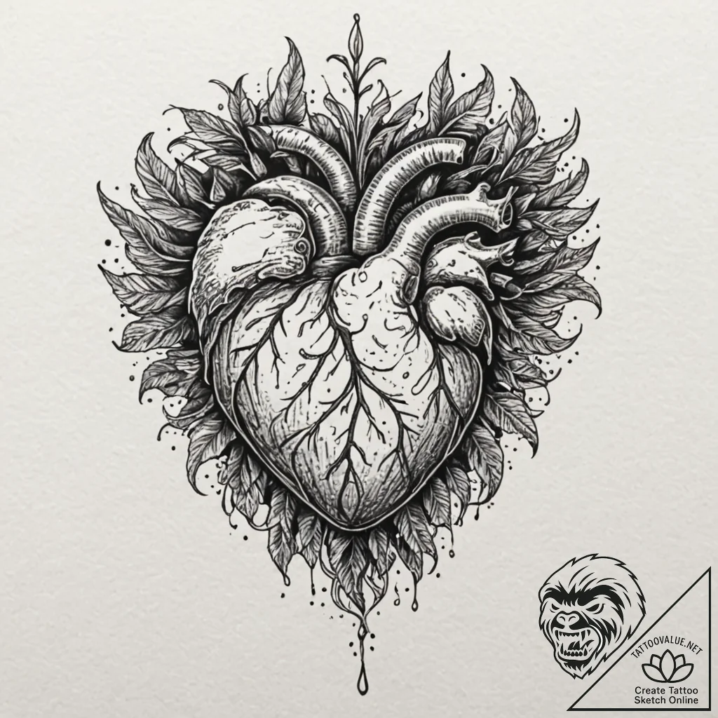 Animated heart bleeding light, ink illustrati... - tattoo sketch (№1753621397_0, 27.07.2025 13:03) — tattoovalue.net