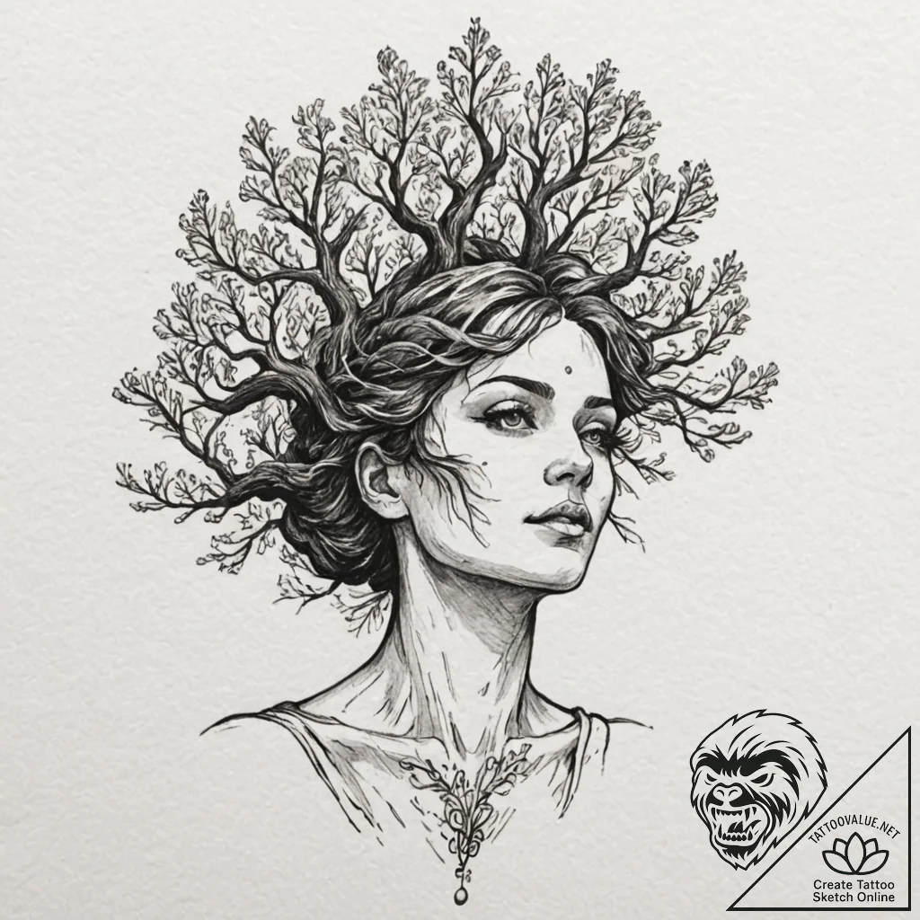 Dryad merging with an ancient oak tree, artis... - tattoo sketch (№1753621798_0, 27.07.2025 13:09) — tattoovalue.net