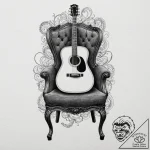 An acoustic guitar resting on a velvet chair… – tattoo sketch (№1753622202_0, 27.07.2025 13:16) — tattoovalue.net