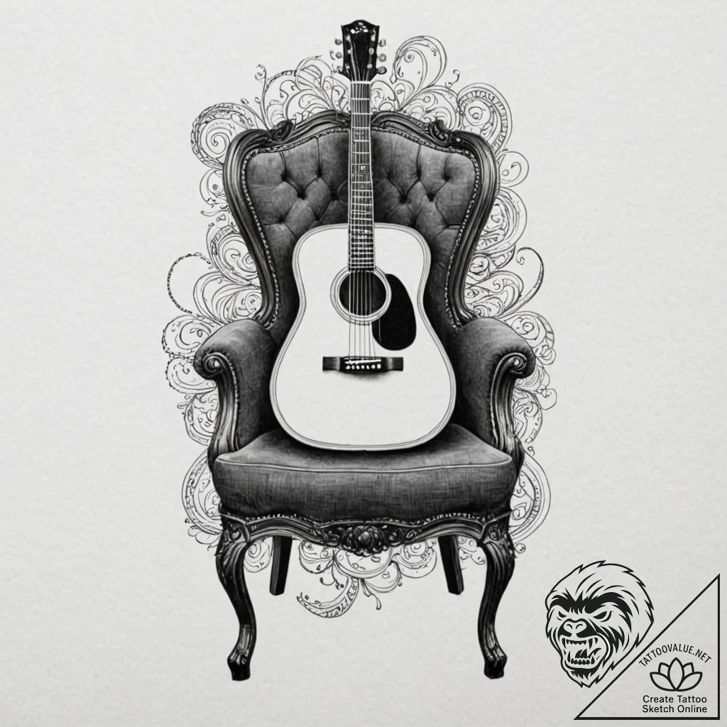 An acoustic guitar resting on a velvet chair... - tattoo sketch (№1753622202_0, 27.07.2025 13:16) — tattoovalue.net