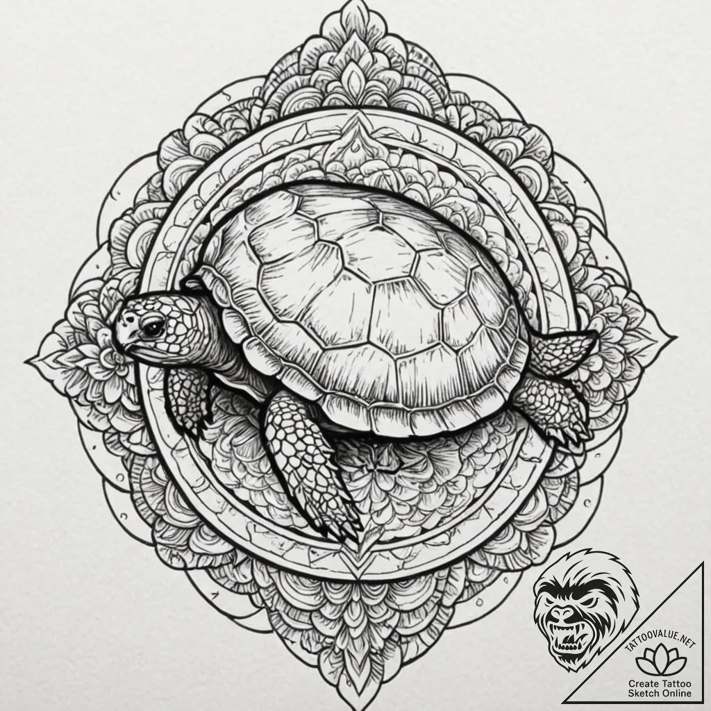 Tortoise carrying a miniature world on its sh... - tattoo sketch (№1753622399_0, 27.07.2025 13:19) — tattoovalue.net