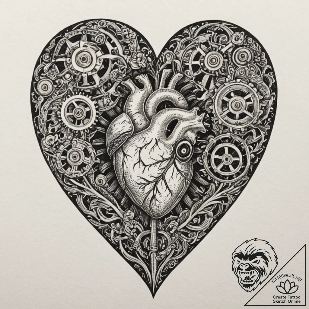Gear-filled heart with a key in its center, t... - tattoo sketch (№1753622813_0, 27.07.2025 13:26) — tattoovalue.net