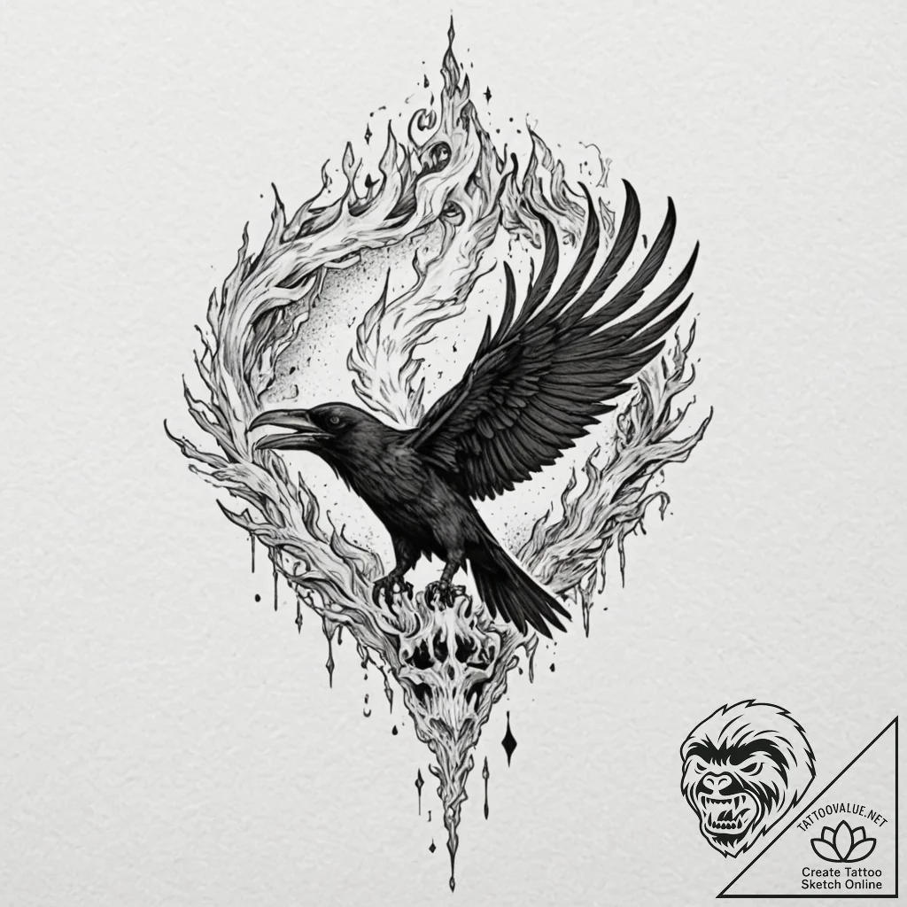 Raven skull devouring celestial flame, ink il... - tattoo sketch (№1753623229_0, 27.07.2025 13:33) — tattoovalue.net