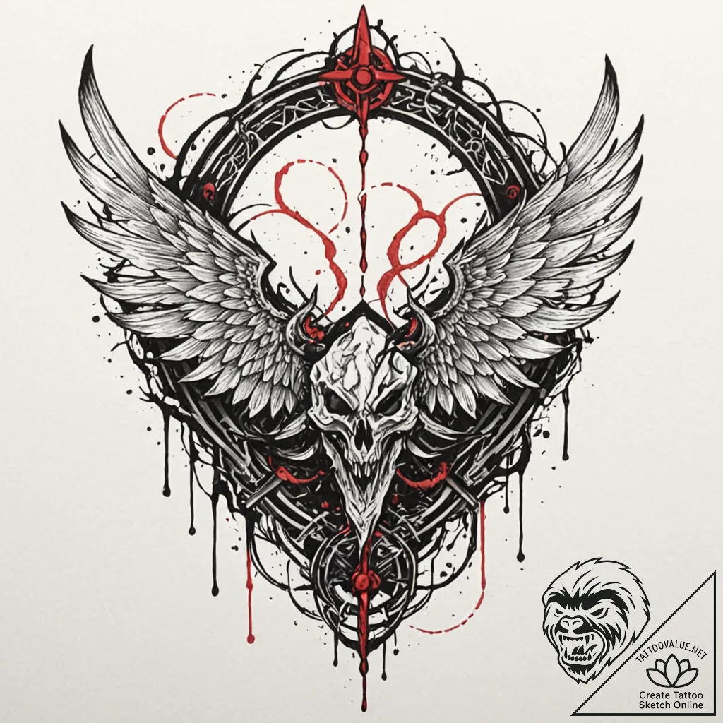 Graven wings beneath shattered gate, tattoo l... - tattoo sketch (№1753623832_0, 27.07.2025 13:43) — tattoovalue.net