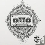 Boombox playing a cassette tape, emitting neo… – tattoo sketch (№1753624617_0, 27.07.2025 13:56) — tattoovalue.net